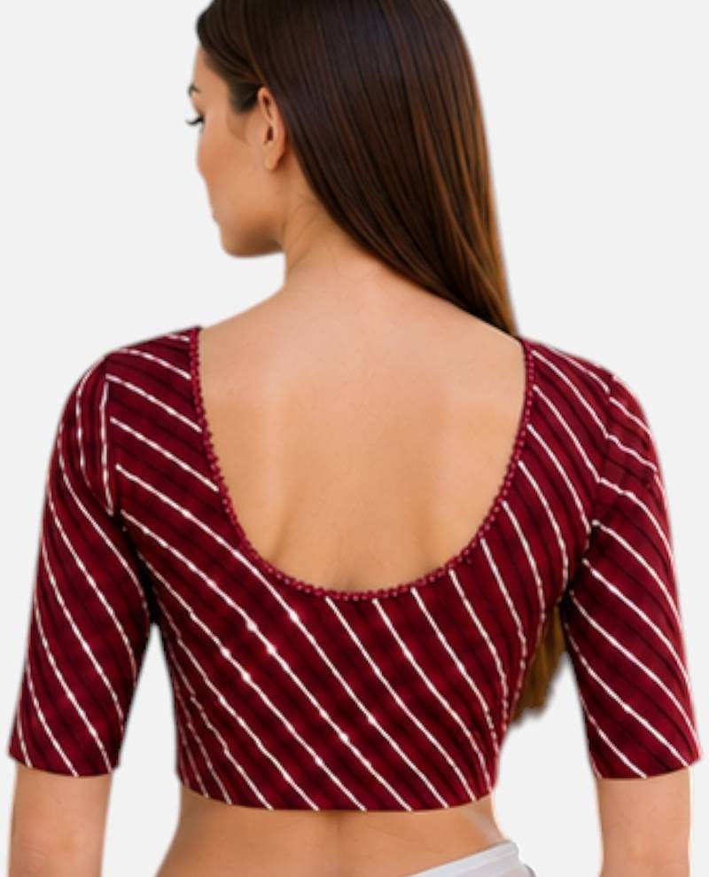 Maroon spandex lehria printed stretchable readymade saree blouse