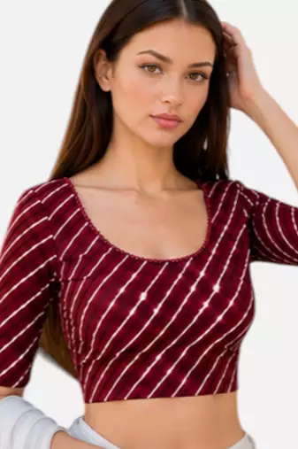 Maroon spandex lehria printed stretchable readymade saree blouse