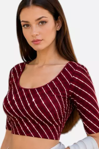 Maroon spandex lehria printed stretchable readymade saree blouse