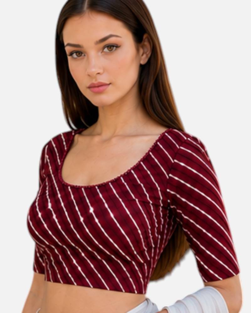 Maroon spandex lehria printed stretchable readymade saree blouse