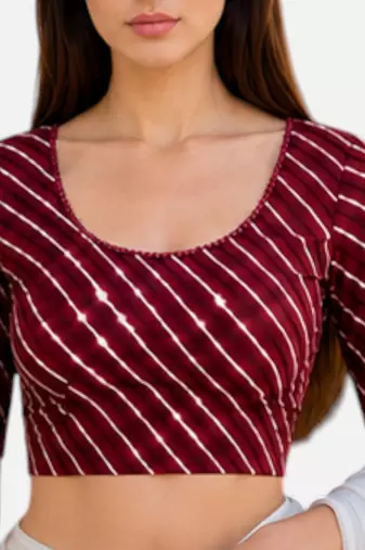 Maroon spandex lehria printed stretchable readymade saree blouse