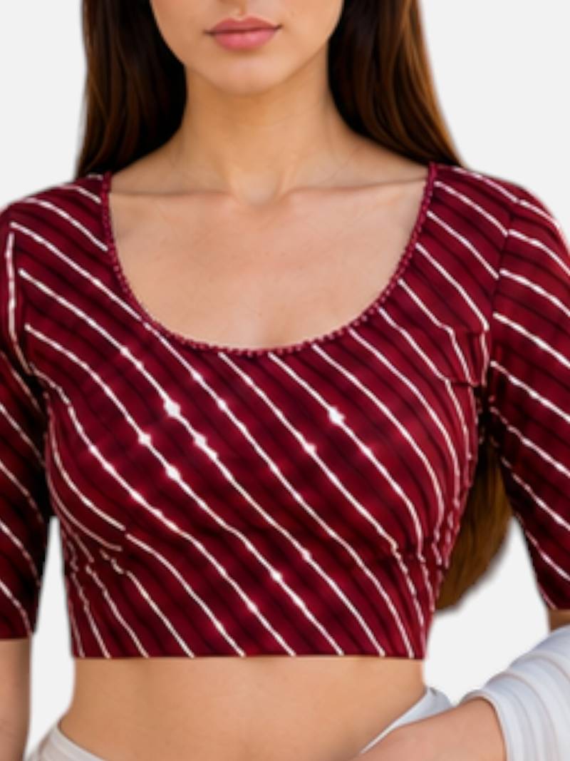 Maroon spandex lehria printed stretchable readymade saree blouse