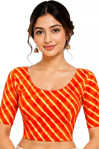 Orange spandex lehria printed stretchable readymade saree blouse