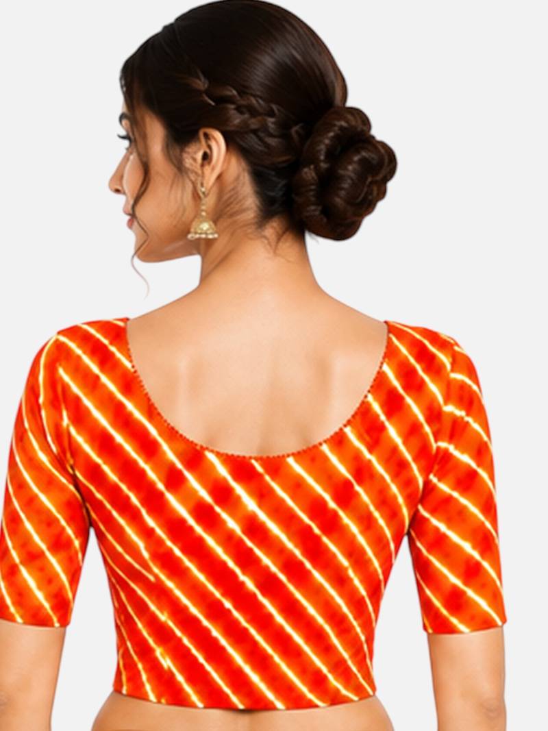Orange spandex lehria printed stretchable readymade saree blouse