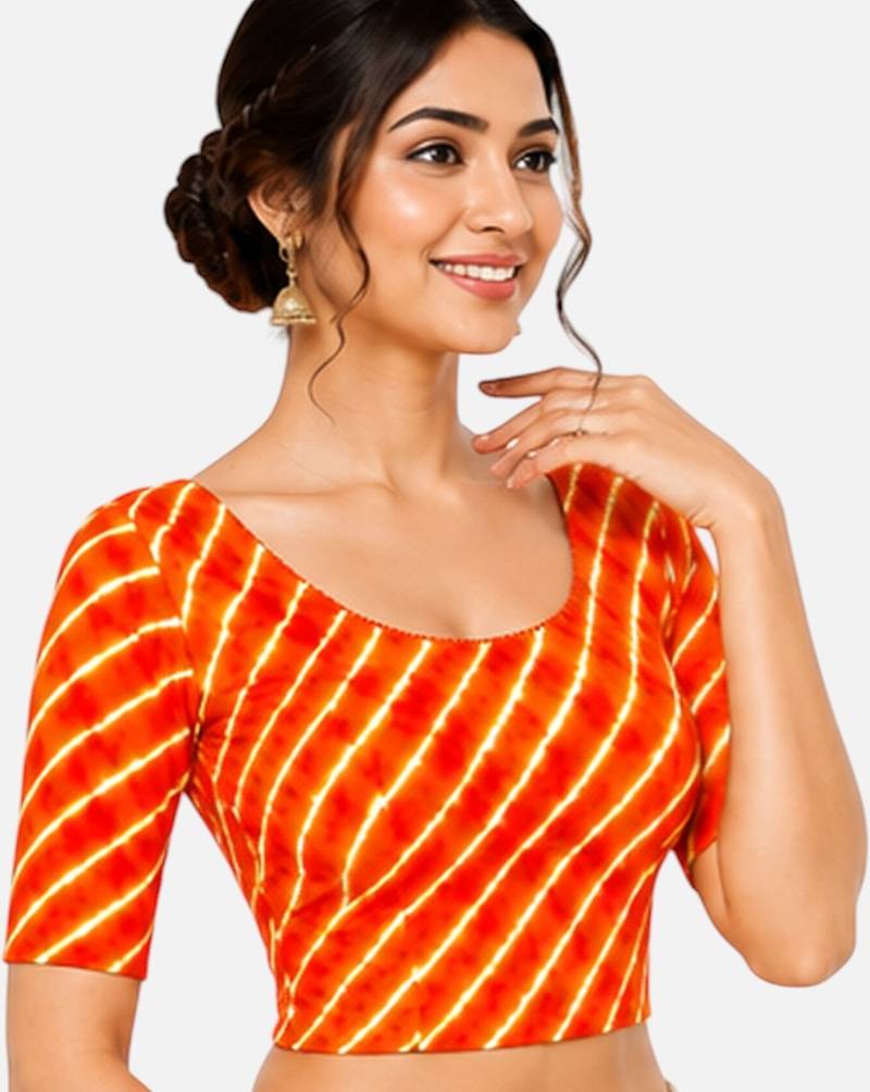 Orange spandex lehria printed stretchable readymade saree blouse