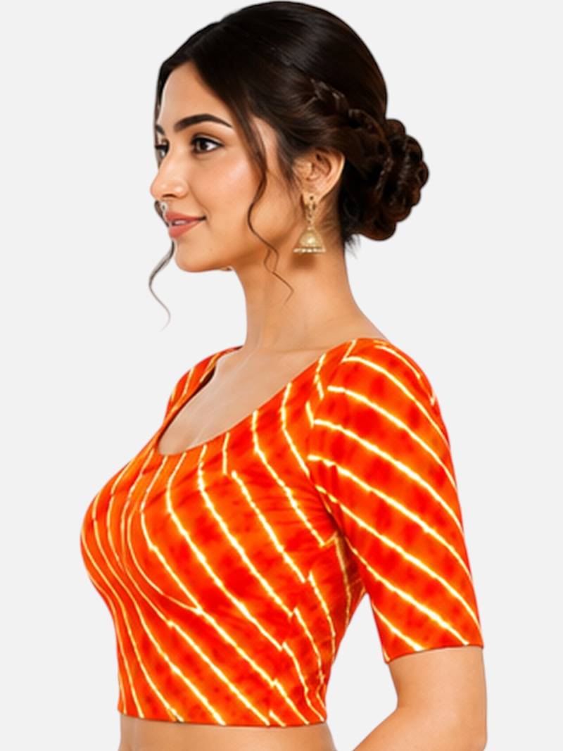 Orange spandex lehria printed stretchable readymade saree blouse