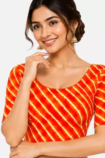 Orange spandex lehria printed stretchable readymade saree blouse