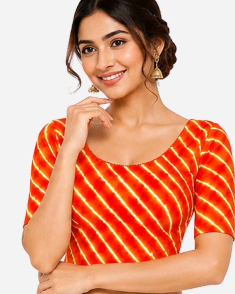 Orange spandex lehria printed stretchable readymade saree blouse