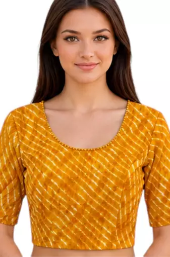 Yellow spandex lehria printed stretchable readymade saree blouse