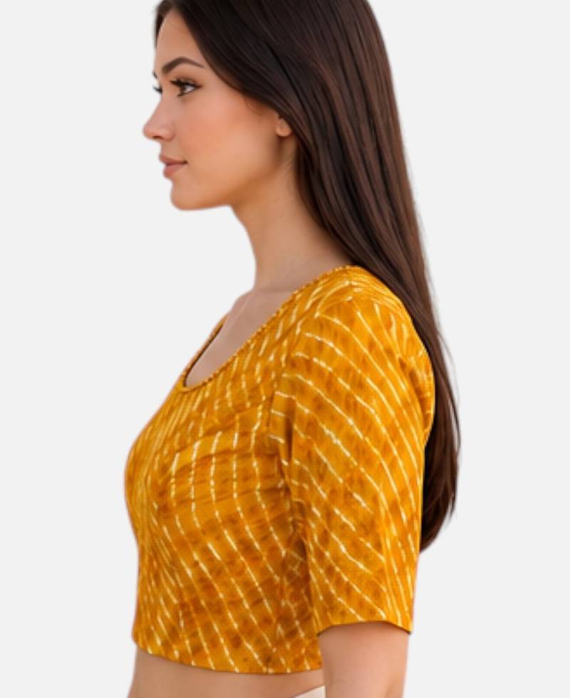 Yellow spandex lehria printed stretchable readymade saree blouse