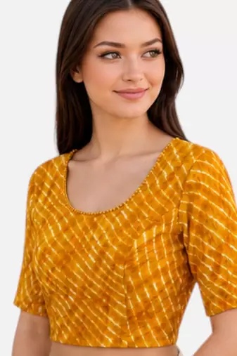 Yellow spandex lehria printed stretchable readymade saree blouse