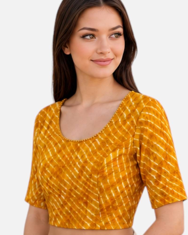 Yellow spandex lehria printed stretchable readymade saree blouse