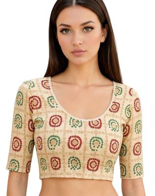 Cream spandex bandani printed stretchable readymade saree blouse 1