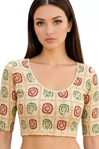 Cream spandex bandani printed stretchable readymade saree blouse