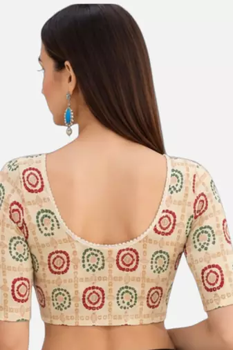 Cream spandex bandani printed stretchable readymade saree blouse
