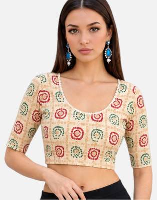 Cream spandex bandani printed stretchable readymade saree blouse 3