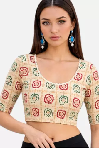 Cream spandex bandani printed stretchable readymade saree blouse