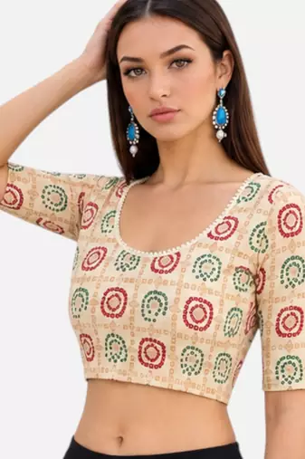 Cream spandex bandani printed stretchable readymade saree blouse