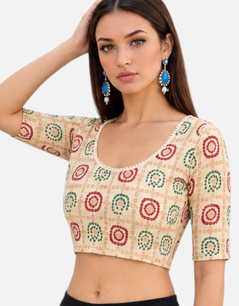 Cream spandex bandani printed stretchable readymade saree blouse