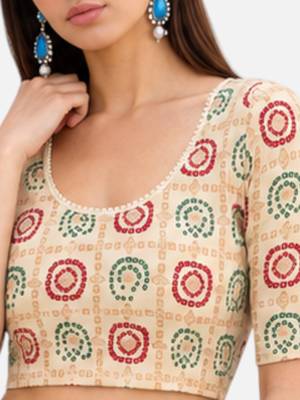 Cream spandex bandani printed stretchable readymade saree blouse 5