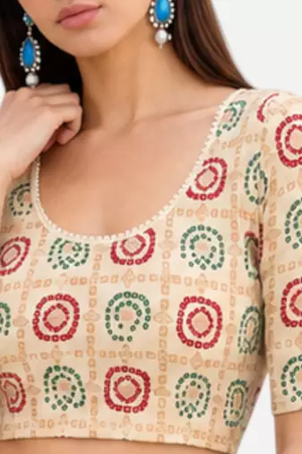 Cream spandex bandani printed stretchable readymade saree blouse