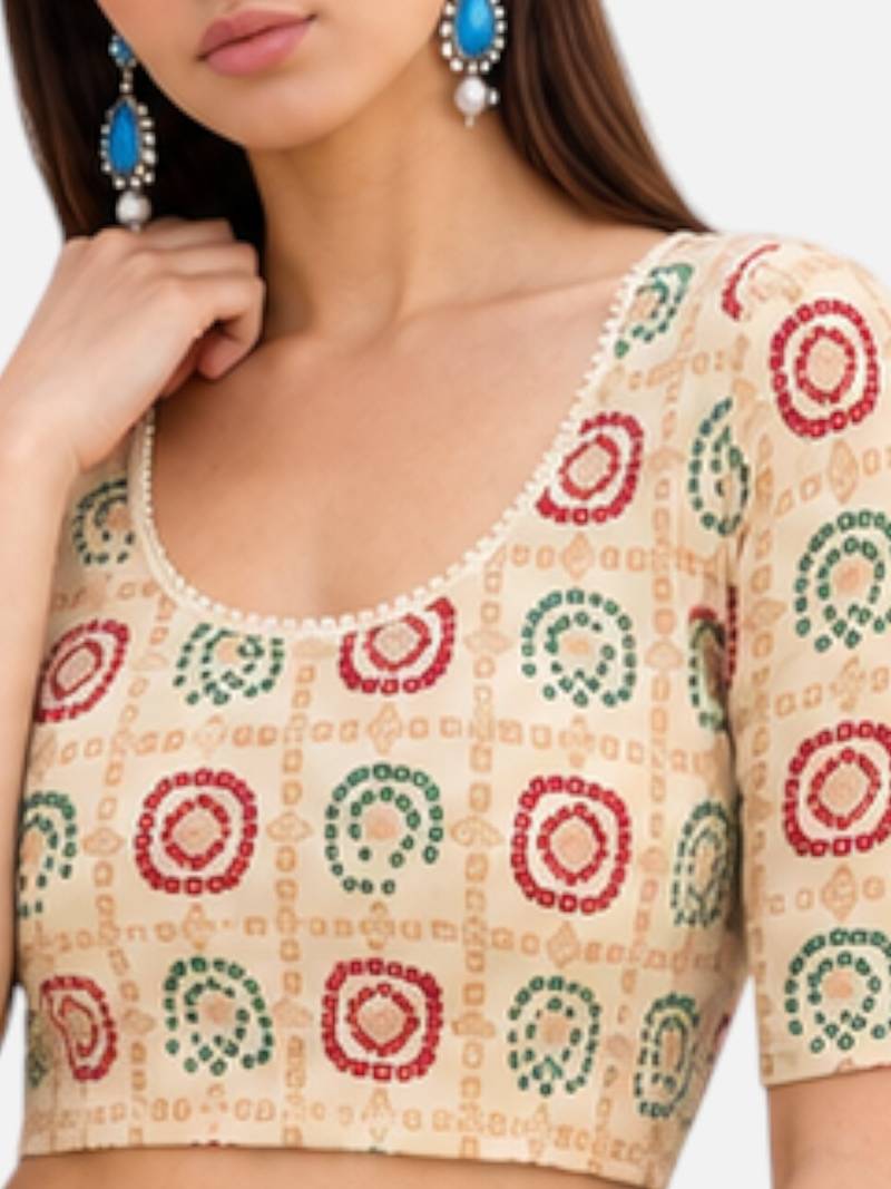 Cream spandex bandani printed stretchable readymade saree blouse