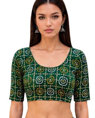 Green spandex bandani printed stretchable readymade saree blouse 1