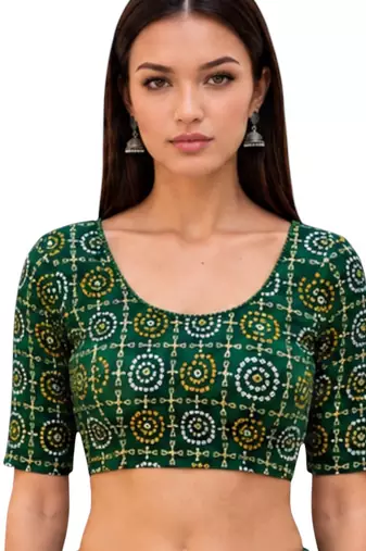 Green spandex bandani printed stretchable readymade saree blouse