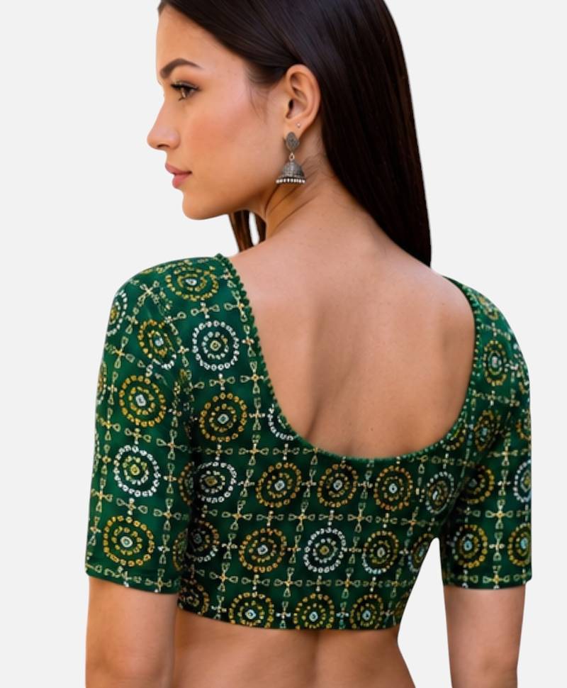 Green spandex bandani printed stretchable readymade saree blouse