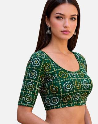 Green spandex bandani printed stretchable readymade saree blouse 3