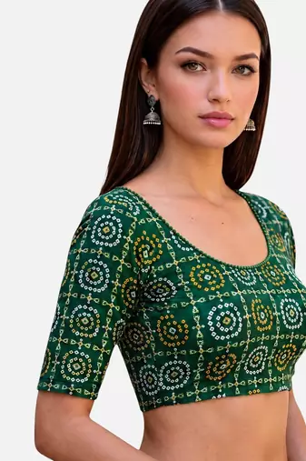 Green spandex bandani printed stretchable readymade saree blouse