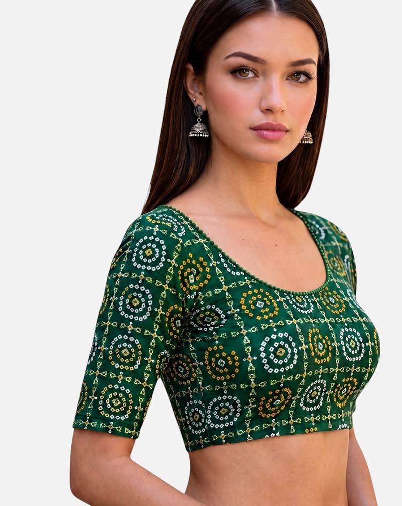 Green spandex bandani printed stretchable readymade saree blouse