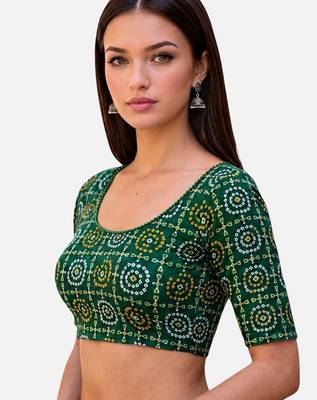 Green spandex bandani printed stretchable readymade saree blouse 4