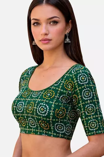 Green spandex bandani printed stretchable readymade saree blouse