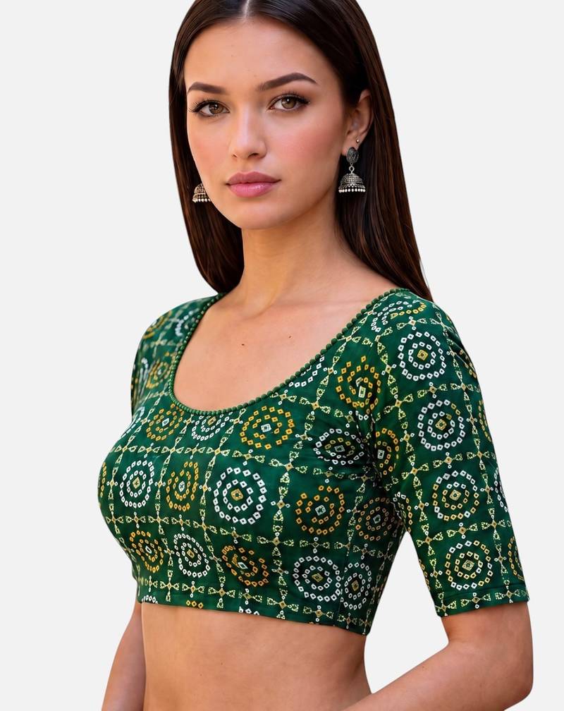 Green spandex bandani printed stretchable readymade saree blouse