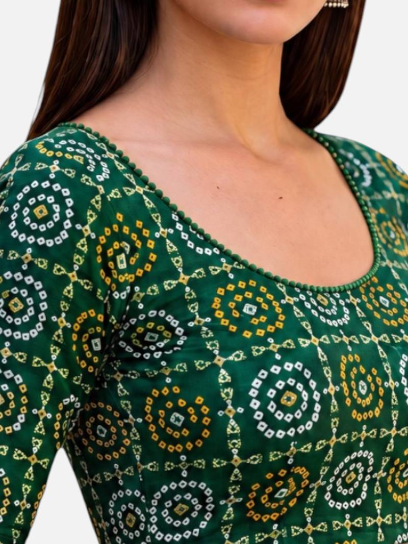 Green spandex bandani printed stretchable readymade saree blouse