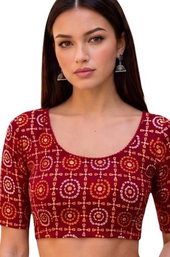 Maroon spandex bandani printed stretchable readymade saree blouse