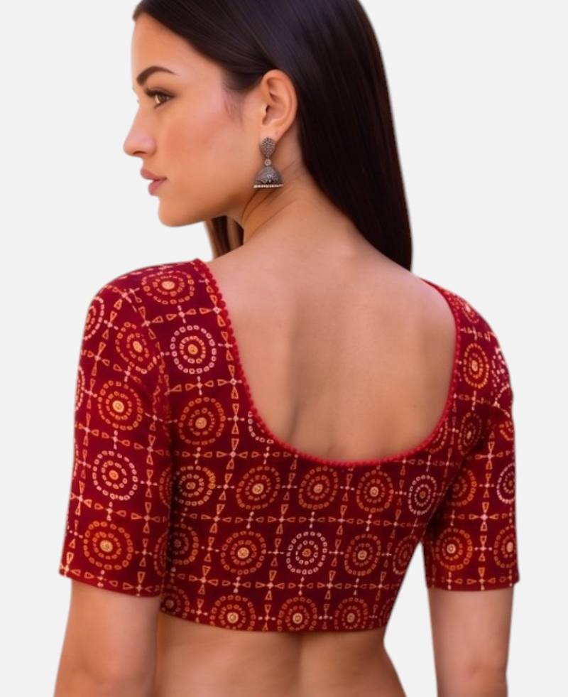 Maroon spandex bandani printed stretchable readymade saree blouse