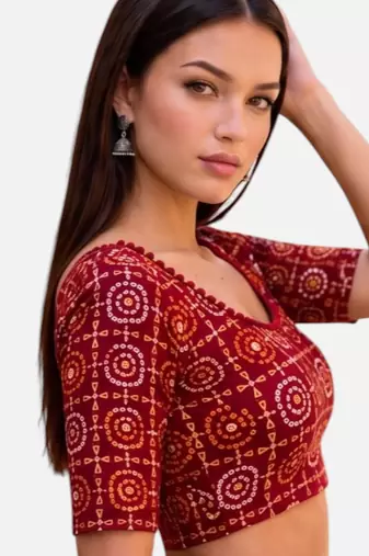Maroon spandex bandani printed stretchable readymade saree blouse