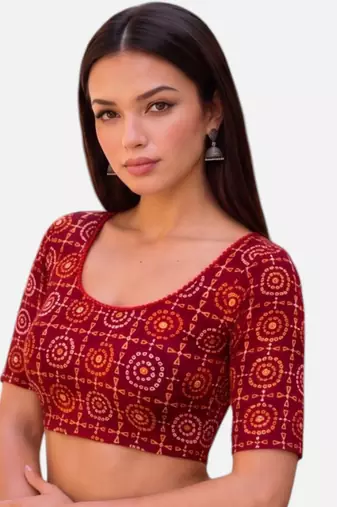 Maroon spandex bandani printed stretchable readymade saree blouse