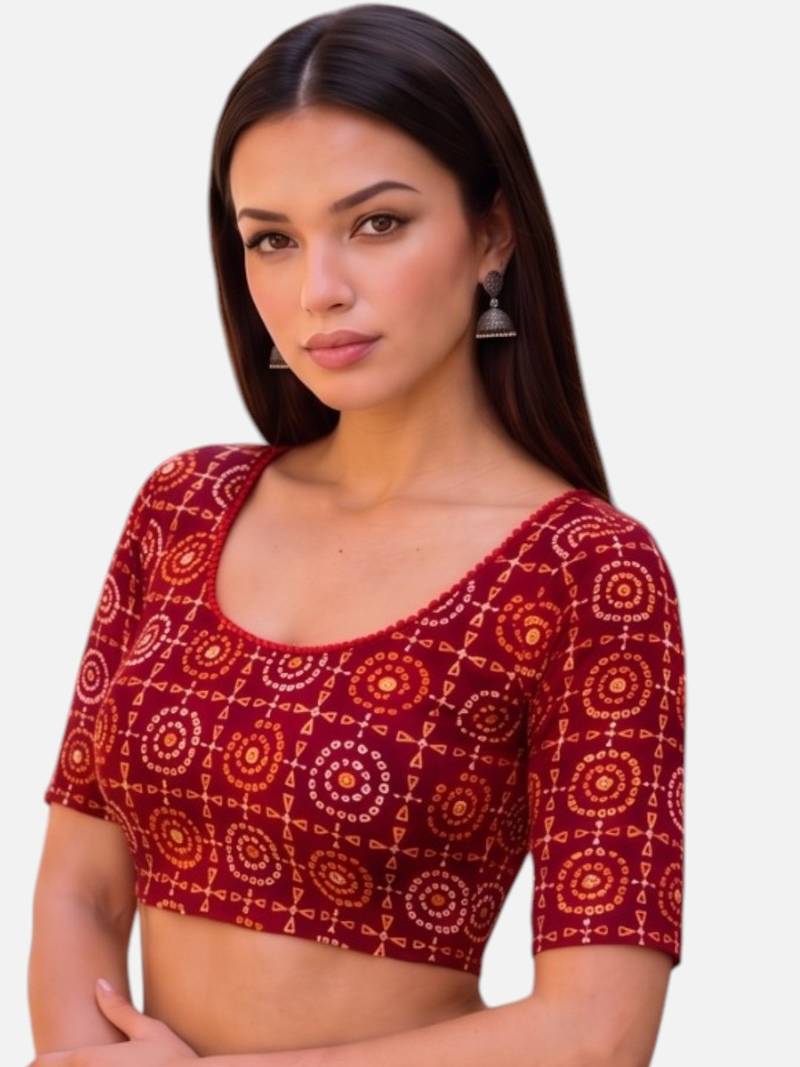 Maroon spandex bandani printed stretchable readymade saree blouse