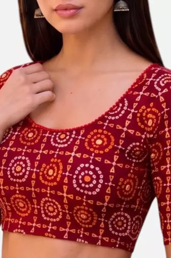 Maroon spandex bandani printed stretchable readymade saree blouse