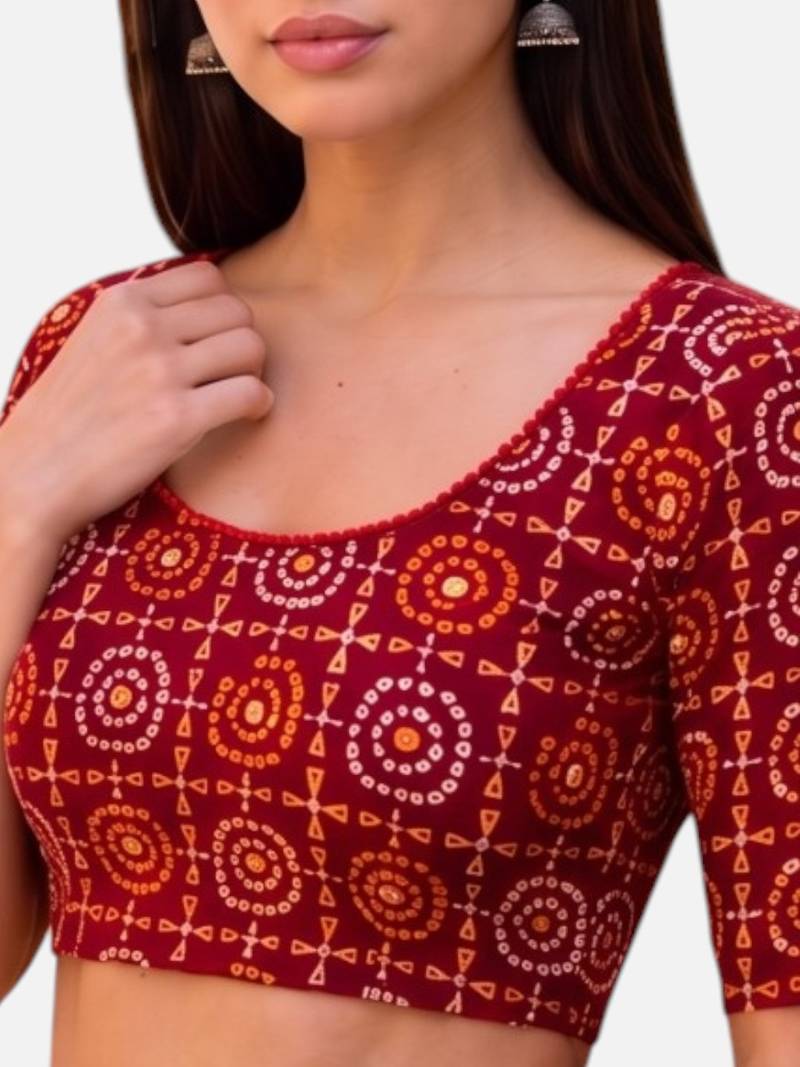 Maroon spandex bandani printed stretchable readymade saree blouse
