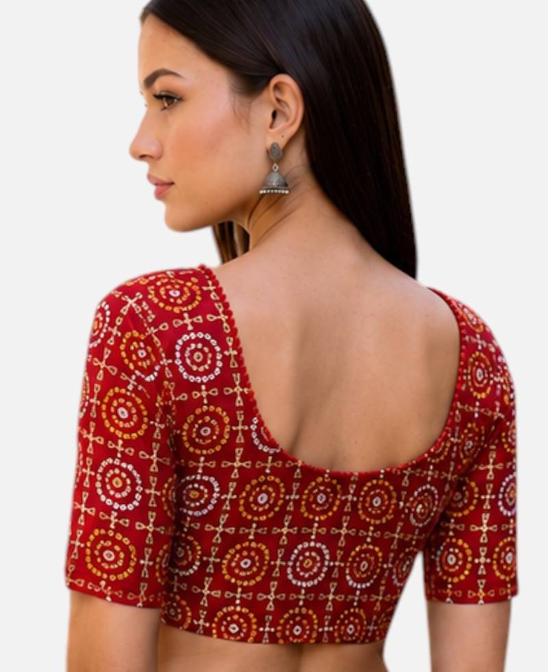 Red spandex bandani printed stretchable readymade saree blouse