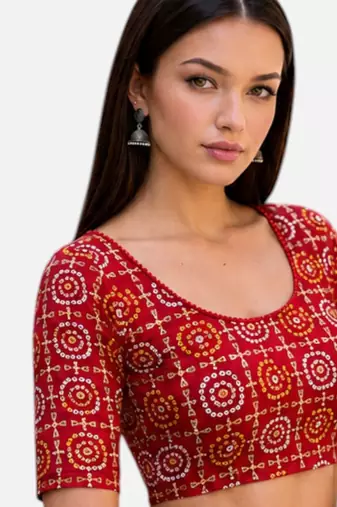 Red spandex bandani printed stretchable readymade saree blouse