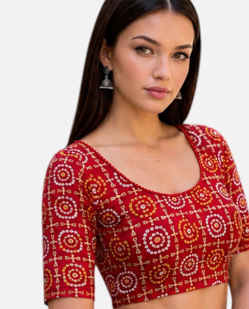 Red spandex bandani printed stretchable readymade saree blouse
