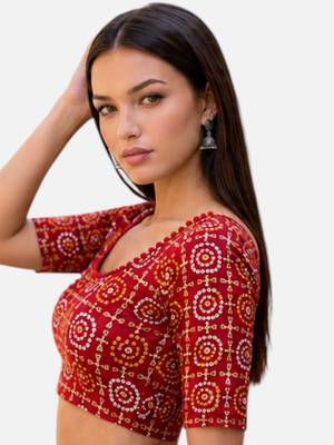 Red spandex bandani printed stretchable readymade saree blouse 4