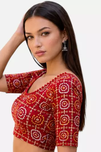 Red spandex bandani printed stretchable readymade saree blouse