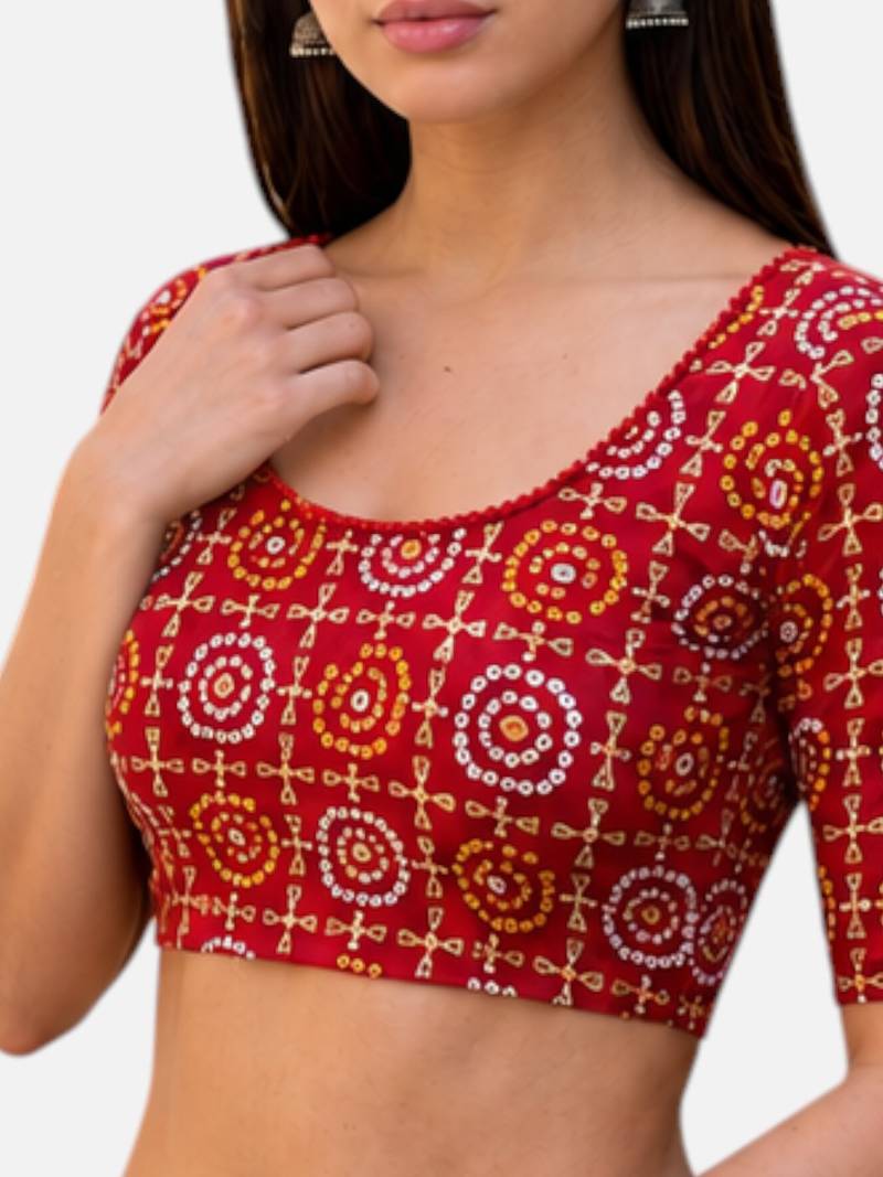 Red spandex bandani printed stretchable readymade saree blouse