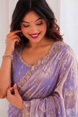 bewitching purple embroidery work with real bits work fendy satin indian saree with blouse 3